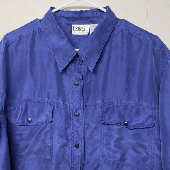 Erika 100% Sillk Short Sleeve Shirt Button Front Lightweight Blue Women 2x EUC - Picture 3 of 10